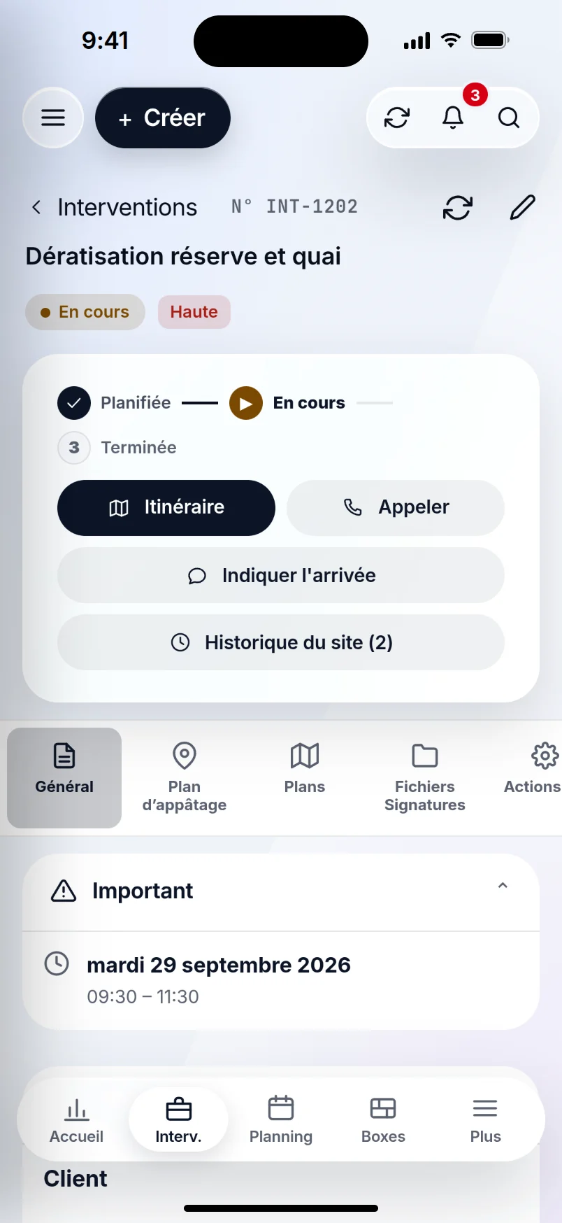 OP GESTION sur un iPhone : une fiche d'intervention en cours
