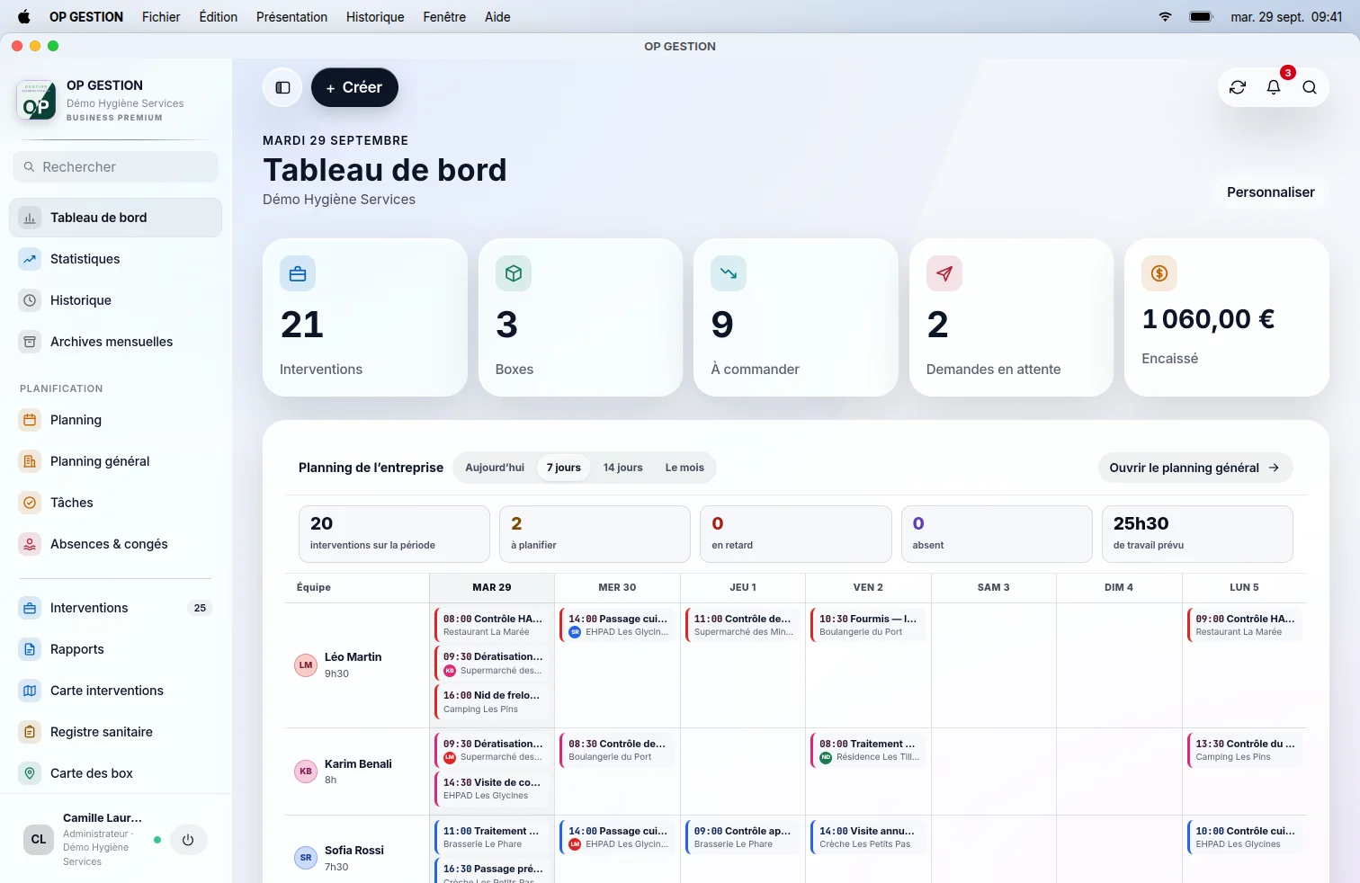 OP GESTION sur un Mac : le tableau de bord d'une entreprise de démonstration